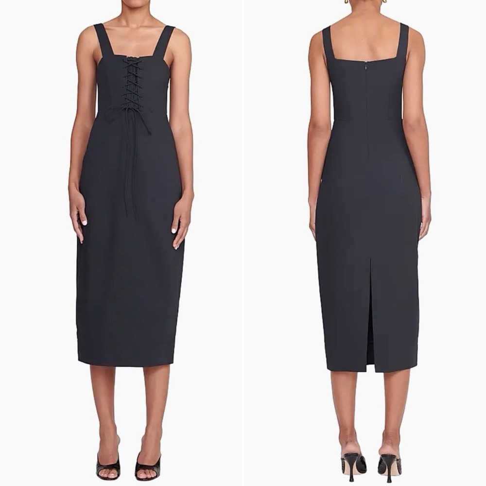 STAUD Sutton Lace Up Black Midi Dress Size 10 New